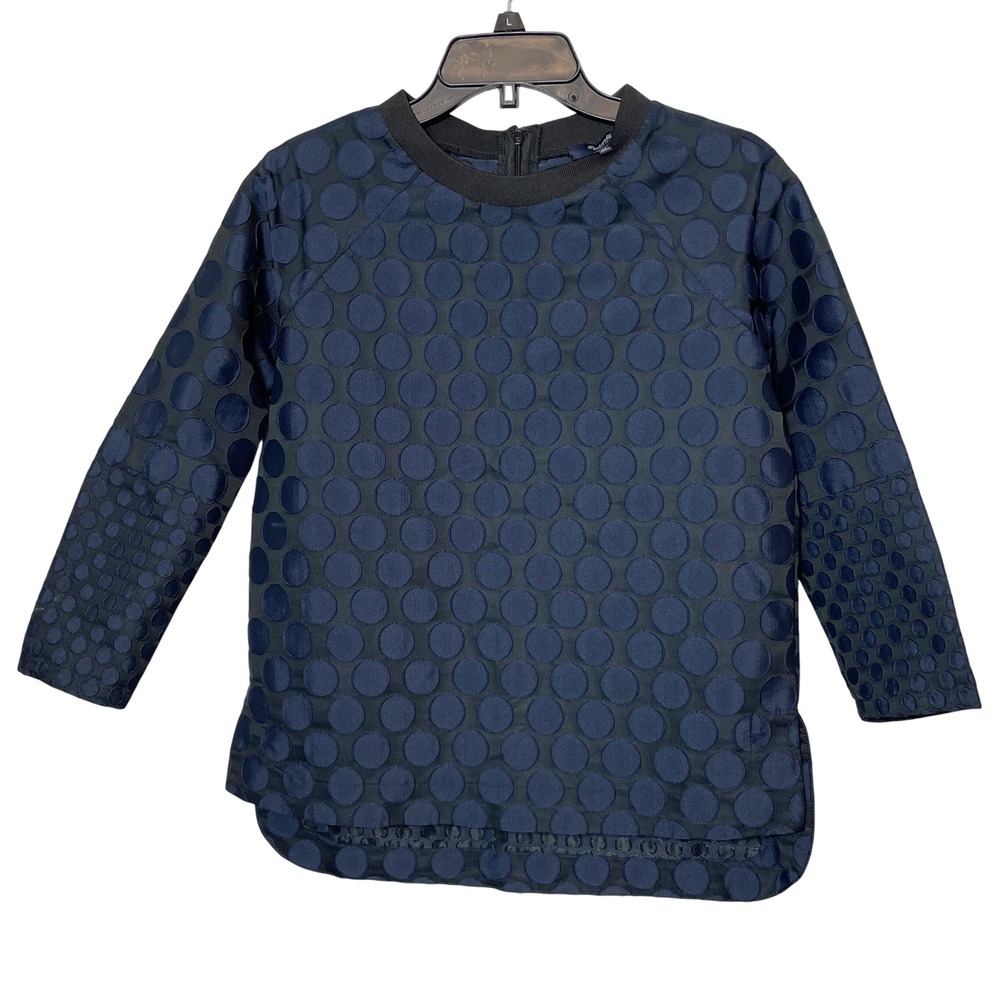 Madewell Mood Blouse Top Navy Blue XS Womens Polka Dot Round Neck Long Sleeve